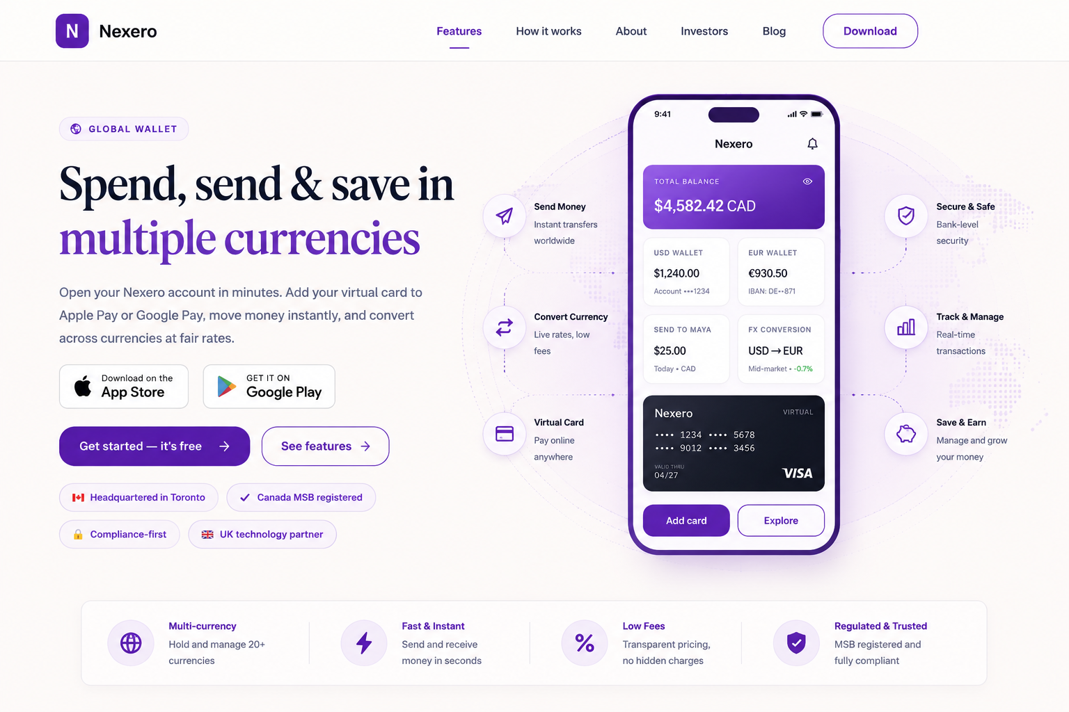 Nexero multi-currency wallet landing page and mobile finance app preview