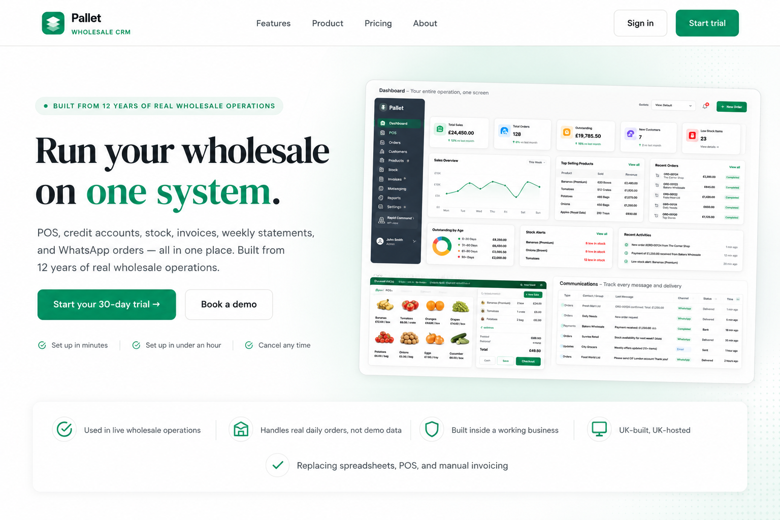 Pallet CRM wholesale operating system landing page and product dashboard
