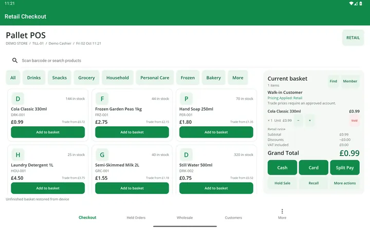PalletPOS retail checkout screen with product grid and basket
