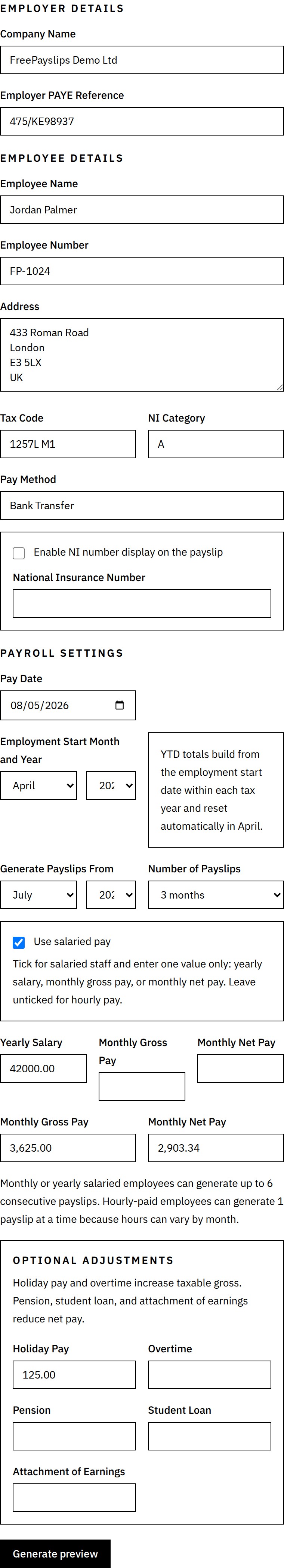 Free UK Payslip Generator form preview